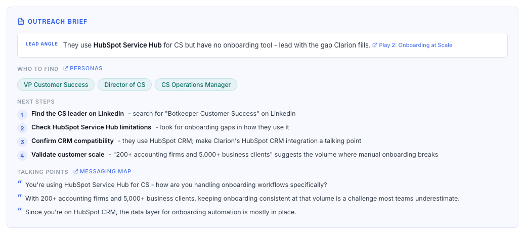 Account brief showing outreach recommendation with playbook link and messaging angle