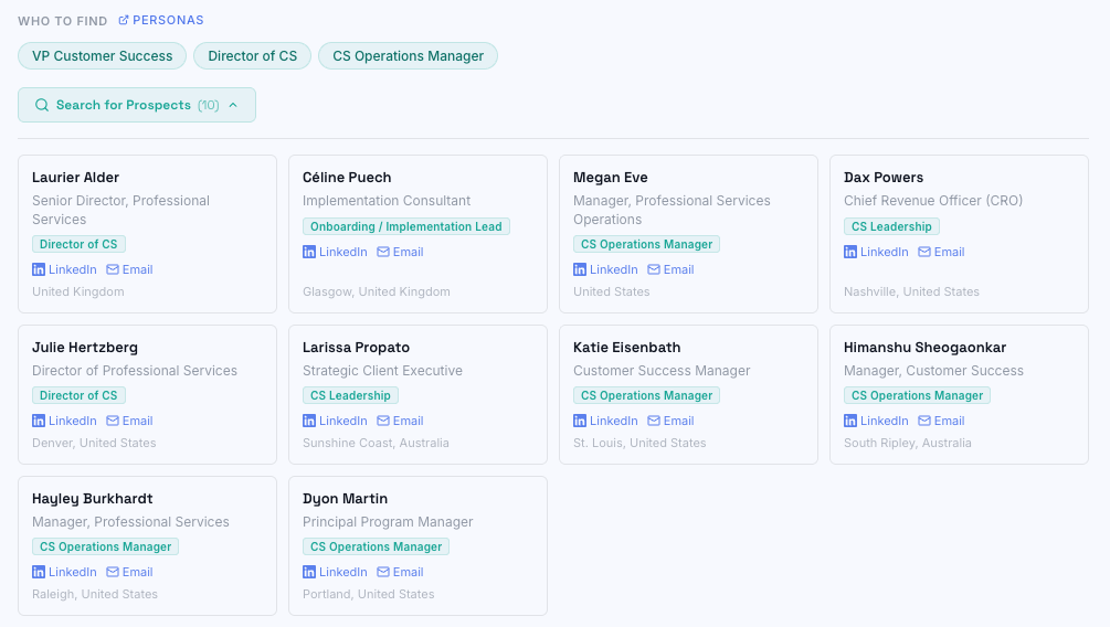Prospect search results showing Head of Customer Success with LinkedIn profile link