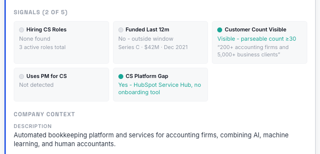 Signal scoring section showing 4 out of 5 signals detected including CS hiring, funding, customer base, and tech stack